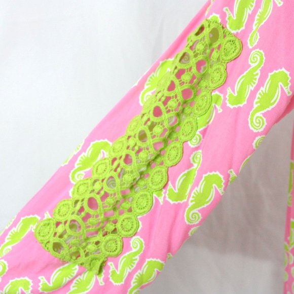 Crown & Ivy Small Seahorses Boho Poet's Blouse Tunic Top w Green Crochet Trim - Picture 5 of 9